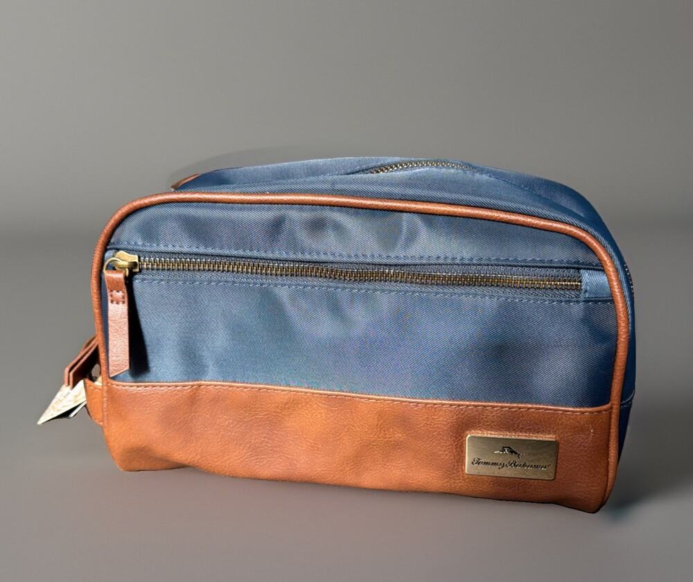 Tommy Bahama Men's Toiletry Bag Travel Dopp kit Faux Leather Navy Blue Brown